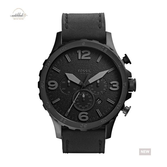 Oversized Chronograph Watch Military Style Black Leather Strap Classic